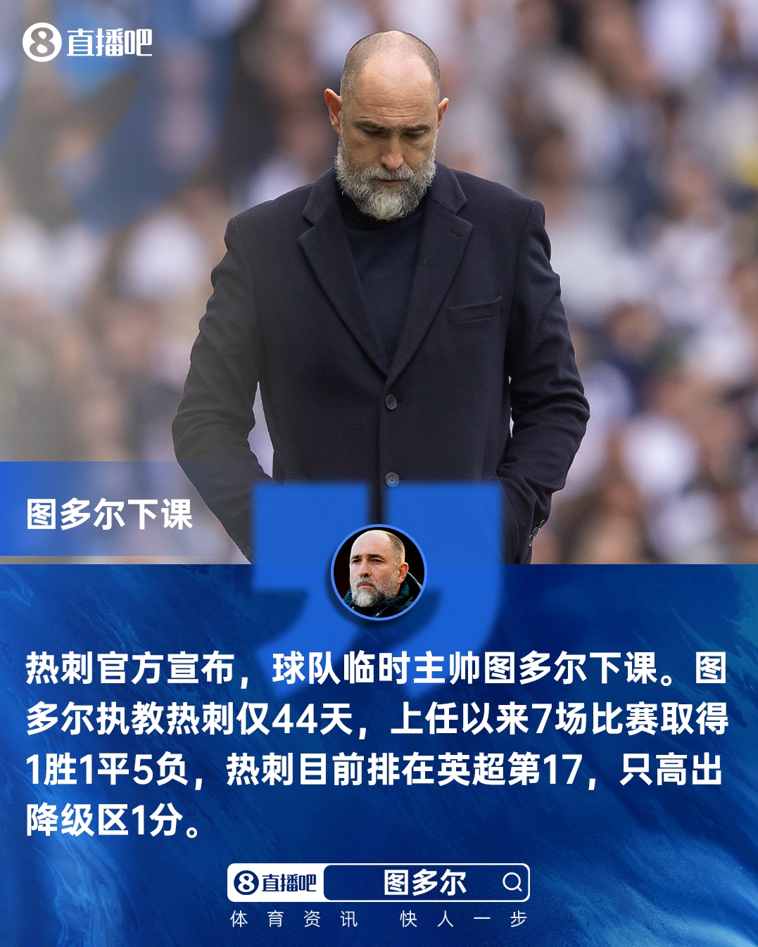 热刺官宣图多尔下课 六周七战仅一胜 保级警报拉响 热刺官宣图多尔下课 六周七战仅一胜 保级警报拉响