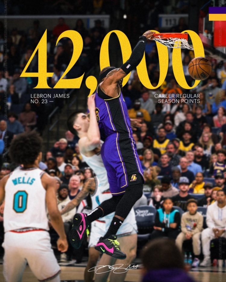 勒布朗·詹姆斯常规赛总得分突破42000分 历史独一档