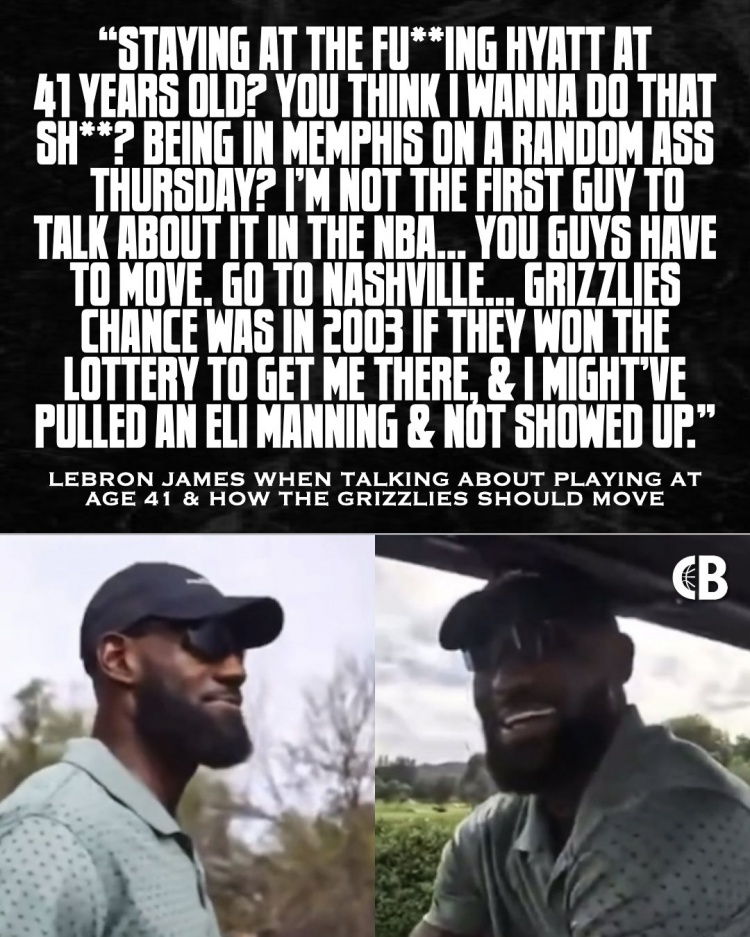 詹姆斯直言灰熊应迁址纳什维尔 称若03年被选中或效仿曼宁拒赴孟菲斯 詹姆斯直言灰熊应迁址纳什维尔 称若03年被选中或效仿曼宁拒赴孟菲斯