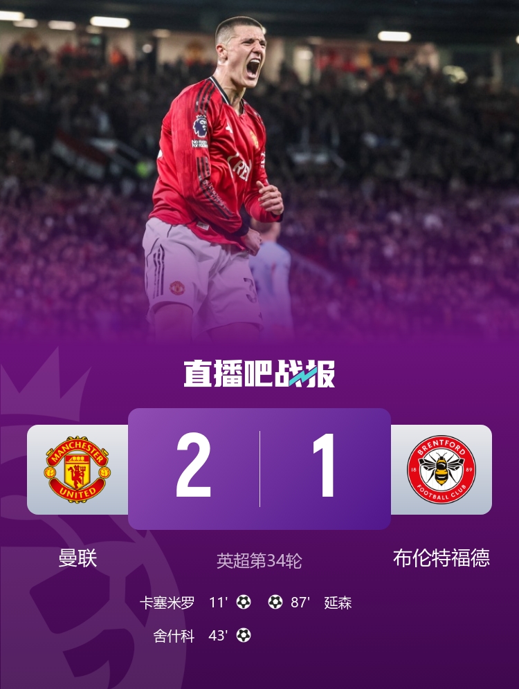 B费第19助卡塞米罗舍什科破门 曼联2-1布伦特福德距欧冠区11分