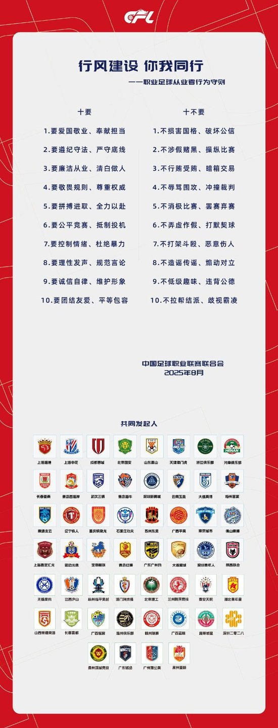 中足联联合俱乐部发布“十要十不要”从业者行为守则