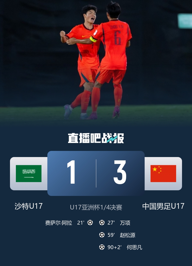 U17亚洲杯:国足3-1逆转沙特晋级四强 何思凡传射+一条龙 U17亚洲杯:国足3-1逆转沙特晋级四强 何思凡传射+一条龙